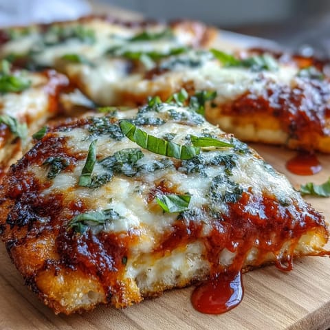 Sliced Garlic Naan Margherita Pizzas showcase gooey cheese, bright green basil, and garlicky crust ready to serve.