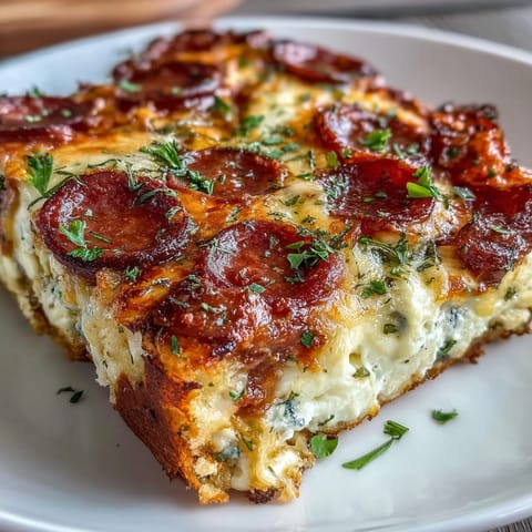 A close-up view of a warm slice of High-Protein Pizza Breakfast Casserole served on a plate with fresh parsley.