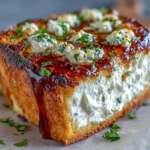 Thick slices of warm Hot Honey Ricotta Garlic Bread served on a rustic wooden board.