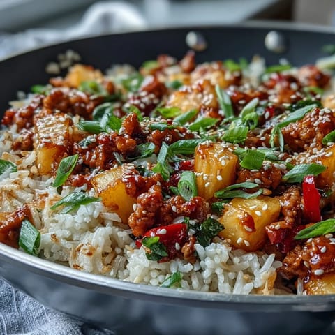 Sweet-and-Sour Turkey Rice Skillet with browned turkey, pineapple chunks, and peppers on a rustic table.