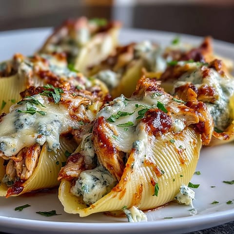 Tender jumbo shells filled with creamy Greek yogurt pesto chicken, ready to serve with a crisp green salad.