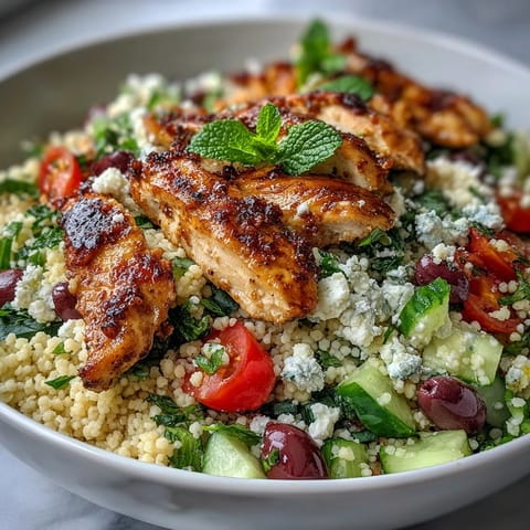 Mediterranean Pearl Couscous Chicken Bowls are served in a white bowl with cucumbers, cherry tomatoes, olives, and red onion, drizzled with lemon dressing.