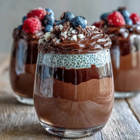Tall parfait glasses reveal layers of dark chocolate chia pudding and fluffy coconut whip. Fresh berries and toasted coconut add color and crunch to the Vegan Chocolate Chia Pudding Parfaits.