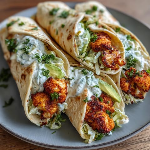 A close-up view shows a Vegan Buffalo Cauliflower Wrap cut in half, revealing layers of crunchy slaw and tender buffalo cauliflower, ready to eat.