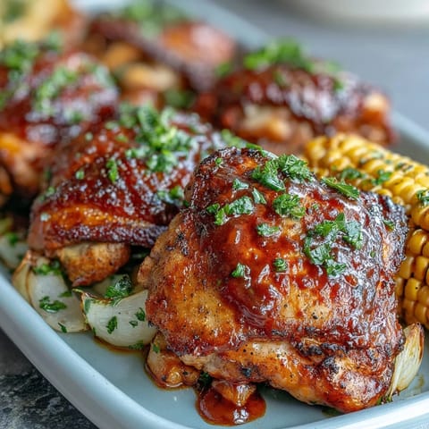 Sheet Pan BBQ Chicken served with charred corn and peppers, perfect for a quick and easy weeknight family dinner.