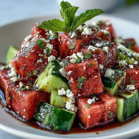 Bright cubes of watermelon and cucumber tossed with feta cheese and fresh mint, drizzled with sweet balsamic glaze on a platter.