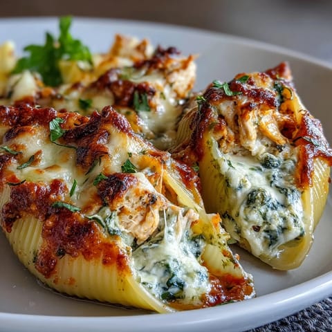 Golden-brown Pesto Chicken Stuffed Shells Lite fresh from the oven, bubbling with melted mozzarella in a red ceramic dish.