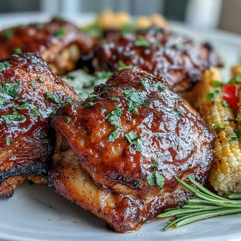 Golden-brown Sheet Pan BBQ Chicken thighs with caramelized corn on the cob and vibrant bell peppers, fresh from the oven.