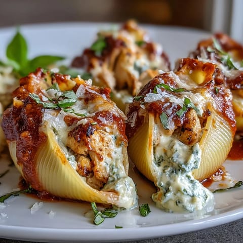 Golden baked Pesto Chicken Stuffed Shells Lite with bubbling marinara and melted mozzarella, served beside fresh basil.
