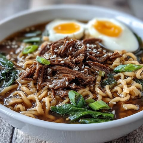 Hearty bowl of slow cooker beef ramen noodles, featuring juicy beef chunks, aromatic broth, and chewy ramen for ultimate comfort.  