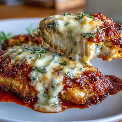 Keto Baked Chicken Parmesan with Marinara and Mozzarella, golden almond flour crust, topped with sugar-free marinara and melted mozzarella cheese.