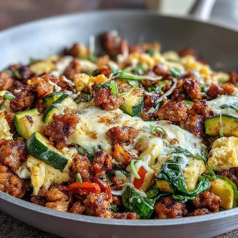 A hearty keto breakfast scramble with savory sausage, colorful veggies, and fluffy eggs in a sizzling skillet.