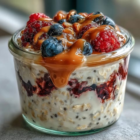 Clean Eating Berry Overnight Oats with Almond Butter Swirl in glass jars, layered with fresh strawberries, blueberries, and a creamy almond butter swirl.