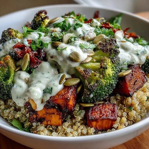 Vibrant vegan roasted veggie Buddha bowl with green goddess avocado dressing and quinoa, topped with pumpkin seeds and cabbage.
