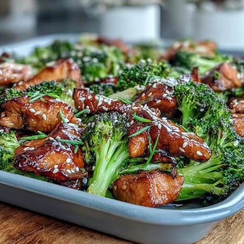 Vibrant sheet pan teriyaki chicken and broccoli with brown rice, drizzled in homemade teriyaki sauce and topped with sesame seeds.