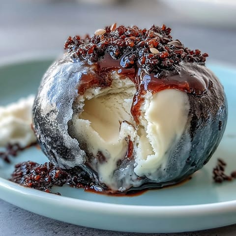 Delicate black sesame mochi ice cream balls with a smooth, rich filling and soft, pillowy exterior, perfect for a unique treat.  