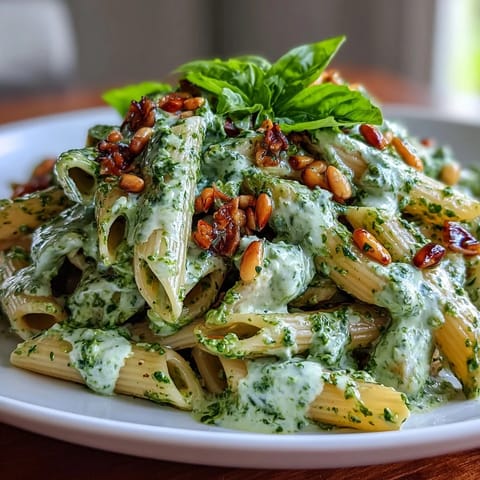 Creamy cream cheese pesto pasta with fresh basil, toasted pine nuts, and Parmesan in a light sauce.  