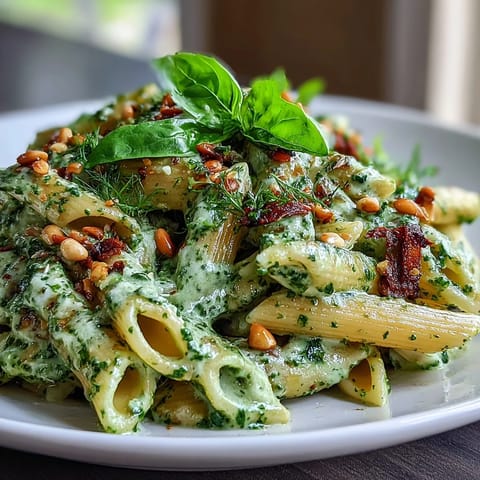 Vibrant vegetarian pesto pasta featuring silky cream cheese sauce, aromatic basil, and crunchy pine nuts.  