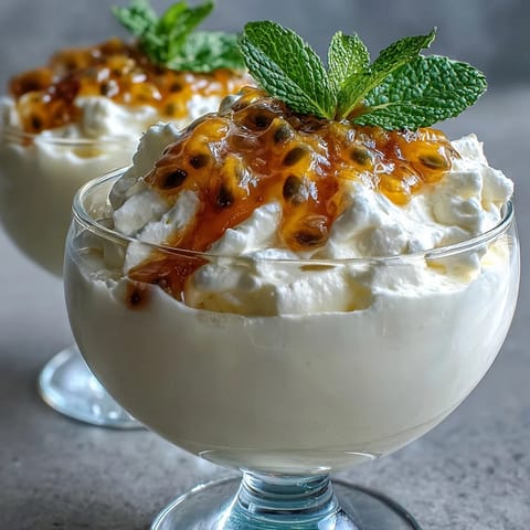 Light and airy passionfruit mousse with whipped cream, offering a refreshing dessert perfect for summer gatherings.  