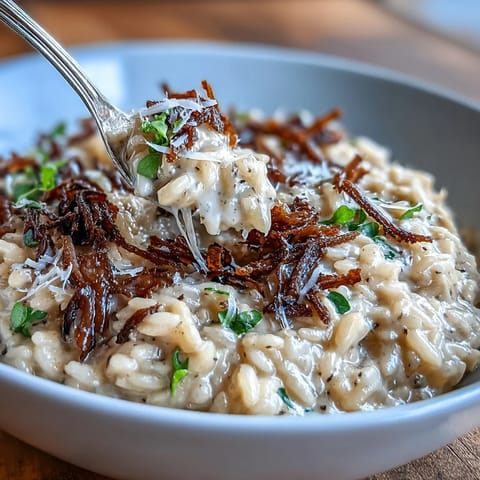 Creamy truffle risotto topped with fresh pea shoots and delicate black truffle shavings in a rustic bowl.  