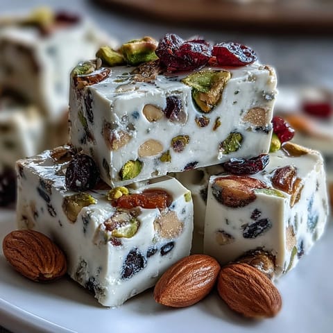 A chewy Pistachio Nougat Candy studded with toasted pistachios and dried fruits, perfect for holiday gifting.