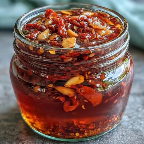 A vibrant jar of spicy Calabrian chili oil with red chili flakes and golden garlic slices, ready to elevate your dishes.
