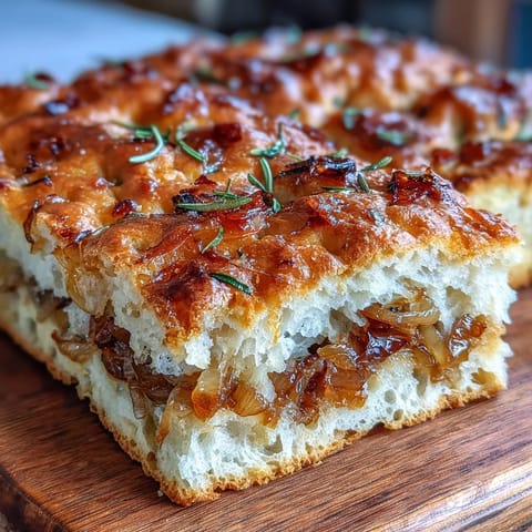 Golden sourdough focaccia with caramelized onions, rosemary, and sea salt, baked to crispy perfection.