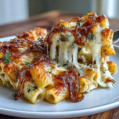 French Onion Soup Pasta Bake with golden caramelized onions and bubbling Gruyère cheese topping.