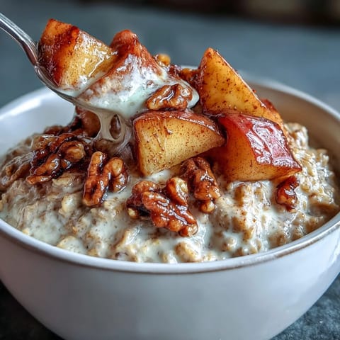 A jar of cinnamon apple overnight oats topped with golden walnuts and a drizzle of maple syrup.