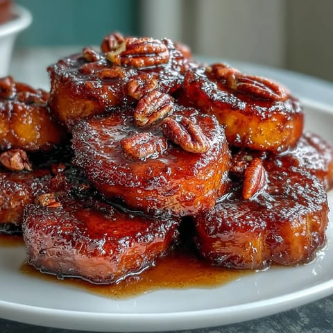 A golden pan of bourbon-glazed candied yams with rich brown sugar sauce, topped with crunchy pecans for a Southern holiday favorite.