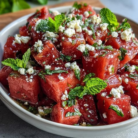 A colorful bowl of watermelon feta mint salad with juicy cubes, creamy cheese, and fresh green mint leaves.  