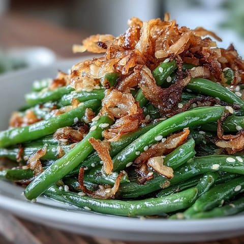 Aromatic sesame garlic green beans topped with golden crispy onions for a savory side dish.  