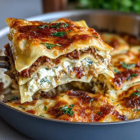 Dumpling Lasagna Skillet with Ground Turkey and Cabbage: A cheesy, one-pan meal with layers of dumpling wrappers, ground turkey, and cabbage baked in tomato sauce.  