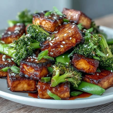 Vibrant teriyaki tofu stir-fry with crispy tofu, broccoli, and snap peas in savory sauce.