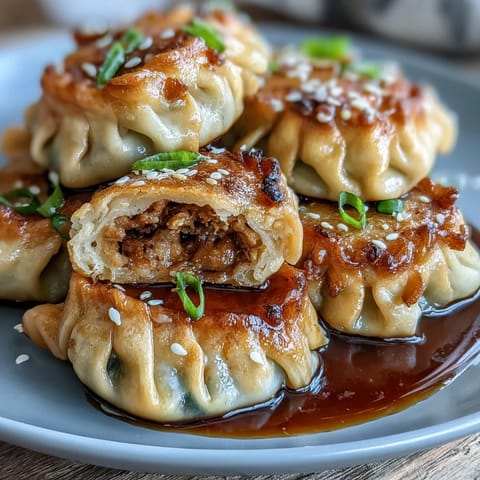 Golden air fryer dumplings with crispy edges, filled with savory pork and cabbage, served with tangy soy ginger dipping sauce.  