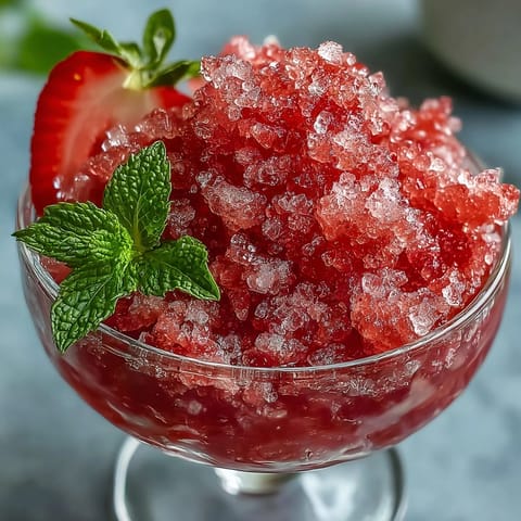 Strawberry Lime Daiquiri Granita Dessert Cups filled with icy strawberry-lime slush and a hint of rum, served in elegant glassware for a vibrant summer treat.