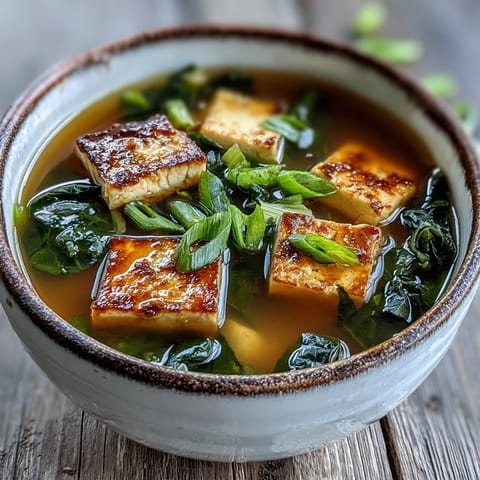 Silken tofu cubes, wilted spinach, and scallions float in a fragrant miso soup.  