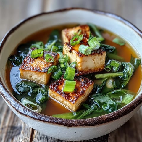Warm bowl of miso soup with tofu, spinach, and green onions in savory Japanese broth.  
