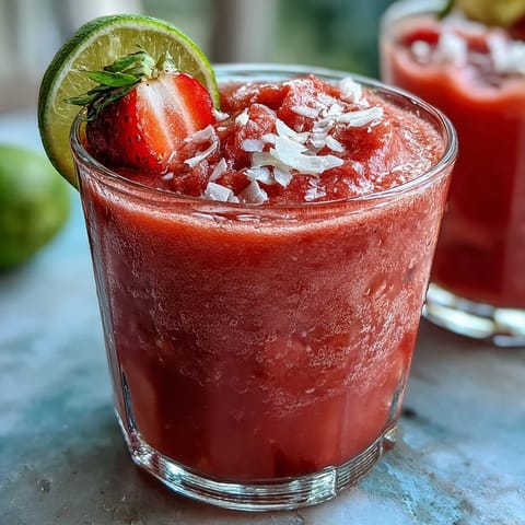 A vibrant strawberry coconut daiquiri smoothie with fresh strawberry garnish and shredded coconut rim, served in a chilled glass.  