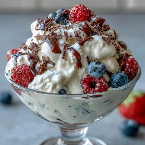 Fluffy Yogurt Berry Sundaes with Dark Chocolate Shavings, layered with creamy Greek yogurt and fresh mixed berries.