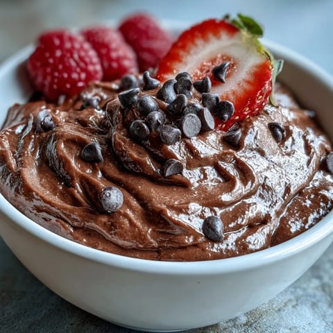 Rich chocolate cottage cheese brownie batter dip garnished with chocolate chips, surrounded by colorful fruit dippers for a healthy treat.  