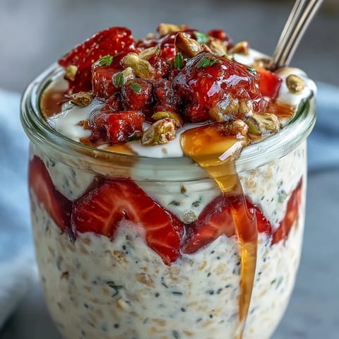 A creamy jar of strawberry and pistachio overnight oats topped with fresh berries and a golden honey drizzle for a wholesome breakfast.