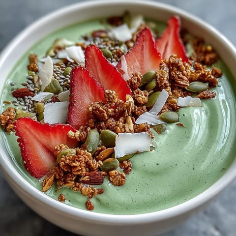 Vibrant strawberry matcha latte smoothie bowl topped with fresh strawberries, crunchy granola, chia seeds, and coconut flakes for a nourishing breakfast.