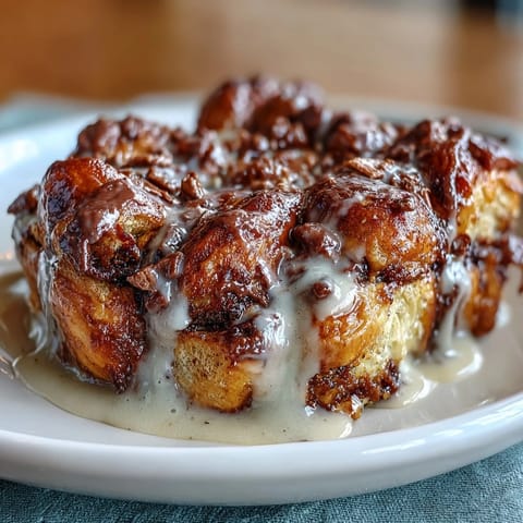 Decadent chocolate croissant bread pudding with buttery layers and rich custard, perfect for a cozy brunch or dessert.
