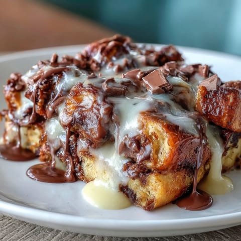 Warm chocolate croissant bread pudding baked to golden perfection, topped with powdered sugar and fresh berries for a delightful treat.