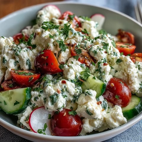 Savory cottage cheese breakfast bowl with fresh veggies, herbs, and a drizzle of olive oil for a protein-packed morning meal.  