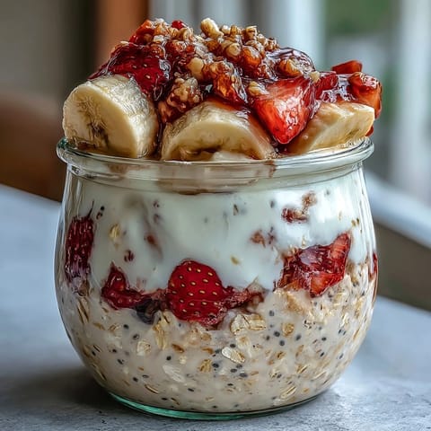 Creamy strawberry banana overnight oats with chia seeds, topped with fresh fruit slices and a sprinkle of chia for added texture and nutrition.
