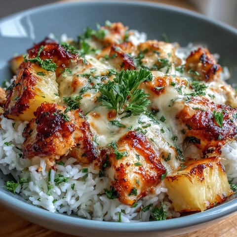 Golden pineapple chicken and rice casserole with melted cheddar cheese bubbling on top, ready to serve.