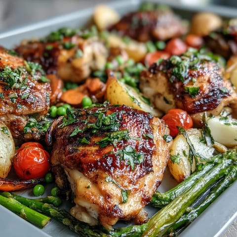 Healthy Easy Sheet Pan Chicken with Spring Veggies served with colorful roasted vegetables and tender chicken.  