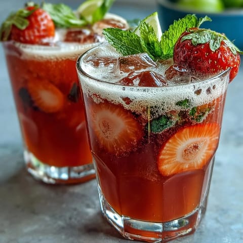 Vibrant red and pink strawberry lemon sparkling mocktail with whole berries and ice cubes, perfect for spring gatherings.